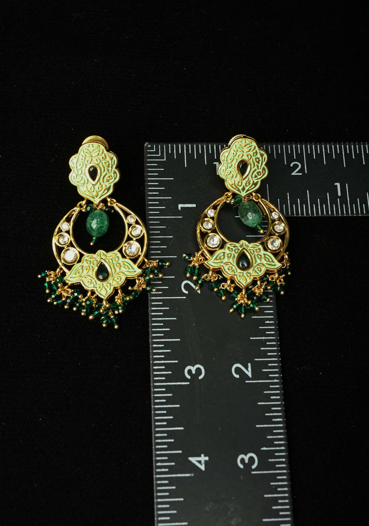 Green Kundan Meenakari Earrings with pearls and Dangling Beads