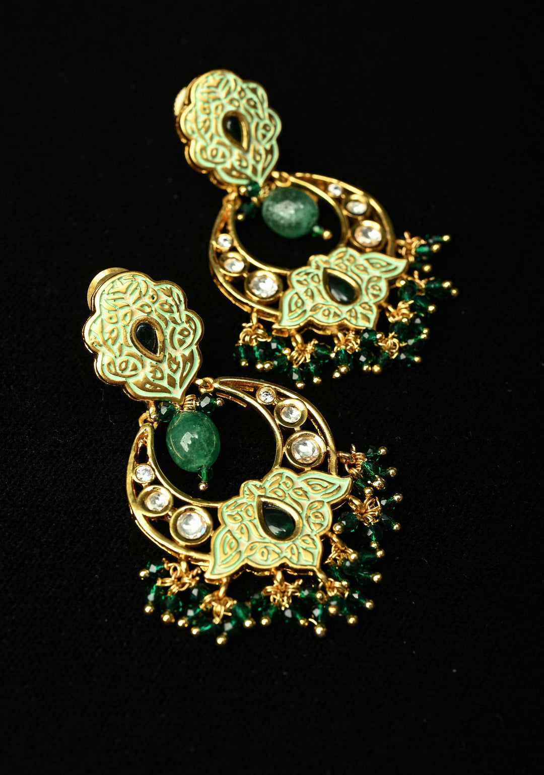 Green Kundan Meenakari Earrings with pearls and Dangling Beads