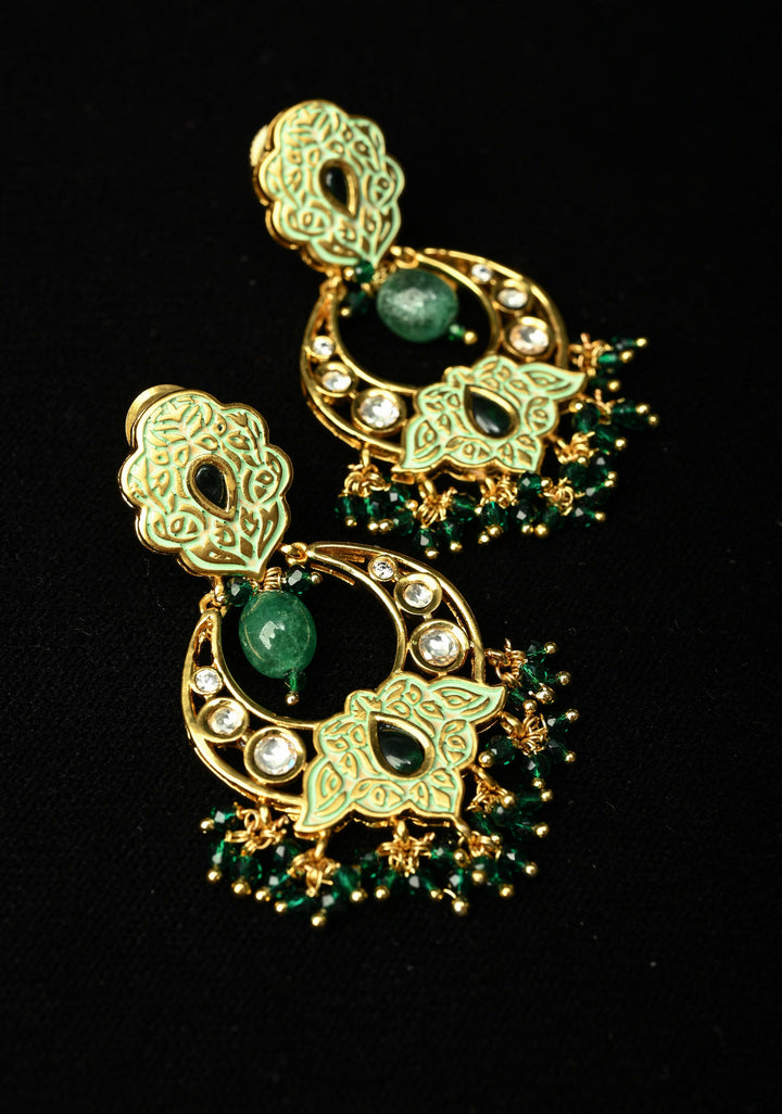 Green Kundan Meenakari Earrings with pearls and Dangling Beads