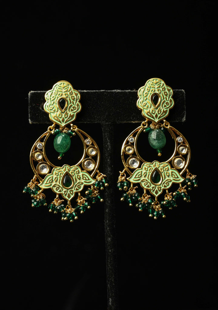 Green Kundan Meenakari Earrings with pearls and Dangling Beads