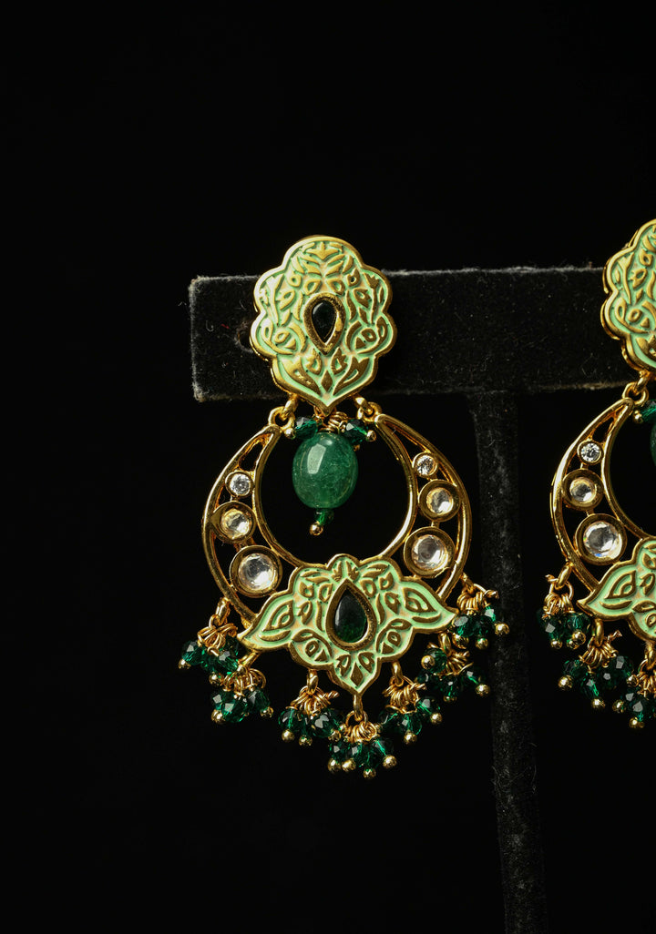 Green Kundan Meenakari Earrings with pearls and Dangling Beads
