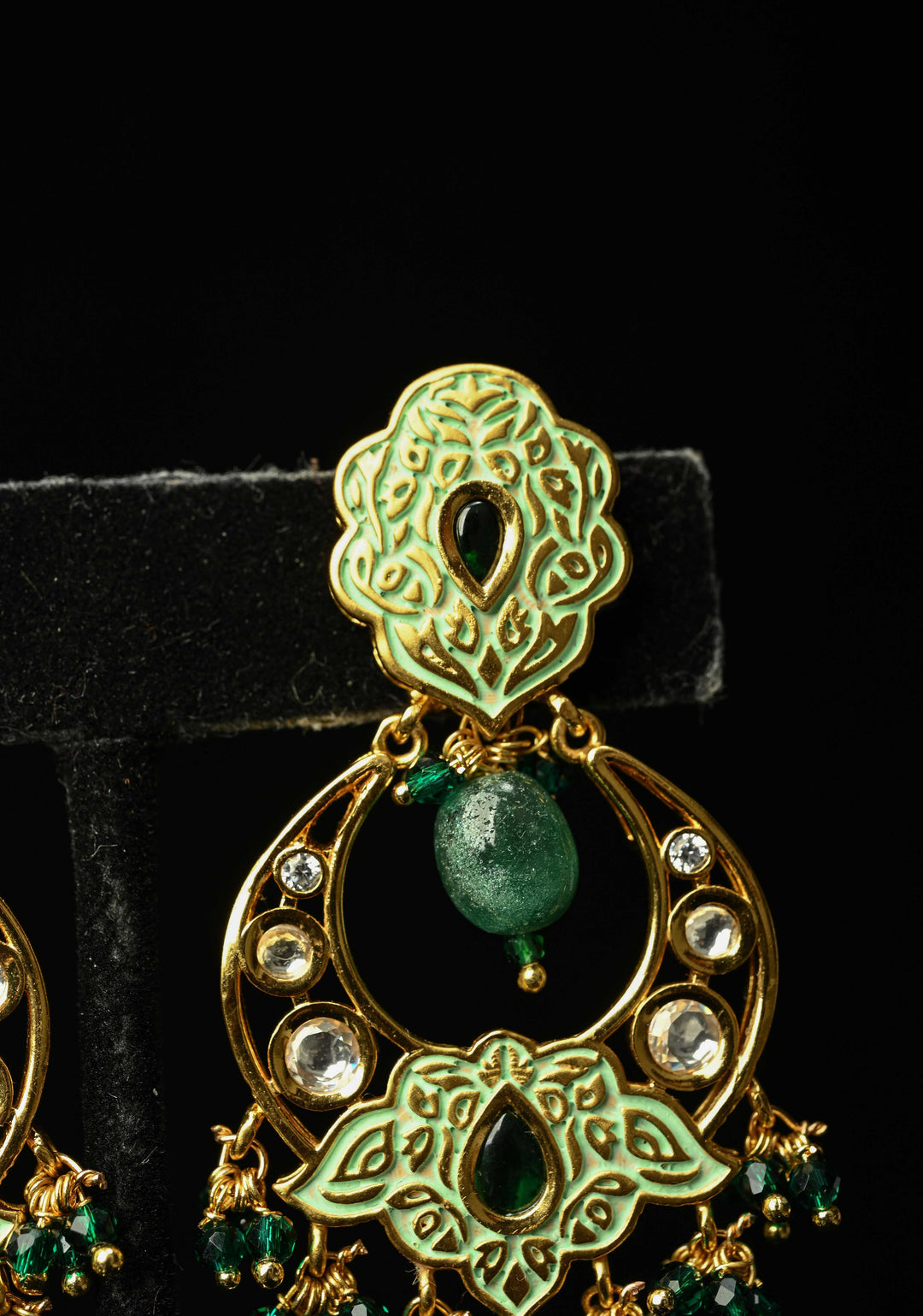 Green Kundan Meenakari Earrings with pearls and Dangling Beads