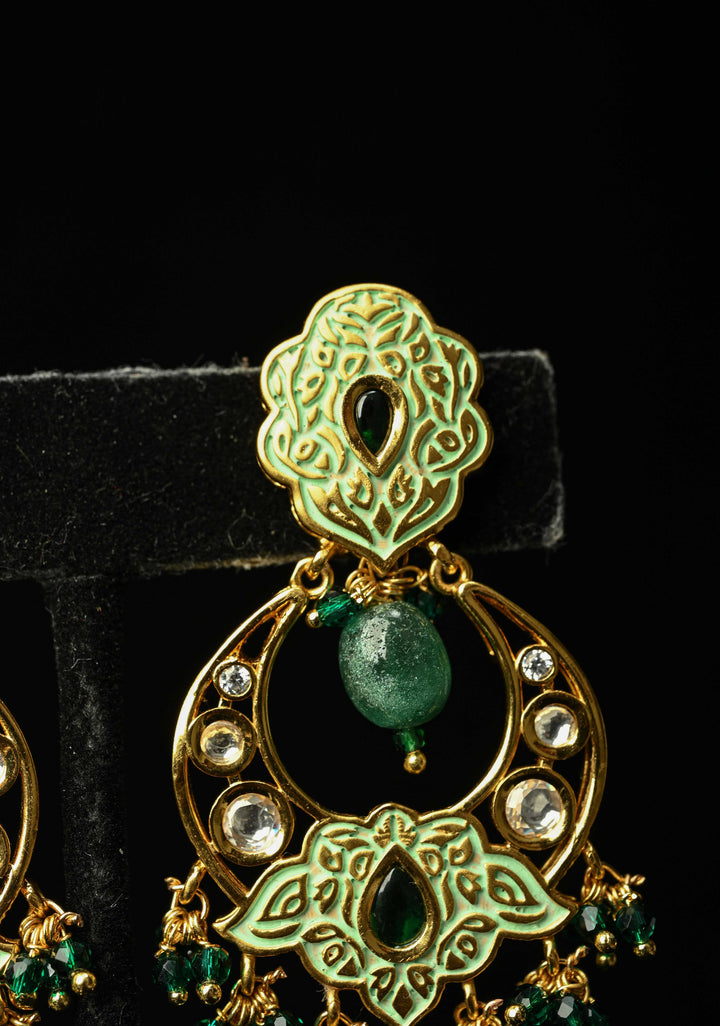 Green Kundan Meenakari Earrings with pearls and Dangling Beads