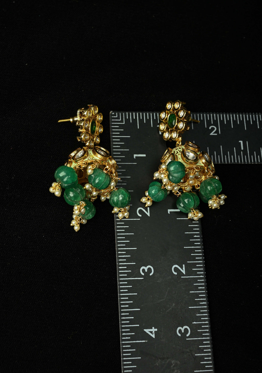 Kanika Green Kundan Meenakari Jhumki with pearls and Dangling Beads