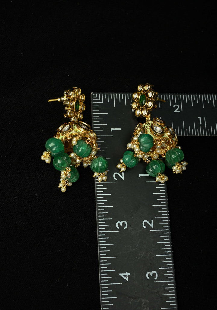 Kanika Green Kundan Meenakari Jhumki with pearls and Dangling Beads