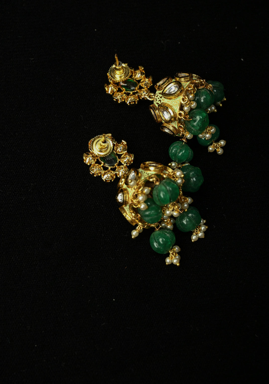 Kanika Green Kundan Meenakari Jhumki with pearls and Dangling Beads