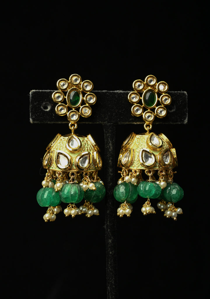 Kanika Green Kundan Meenakari Jhumki with pearls and Dangling Beads
