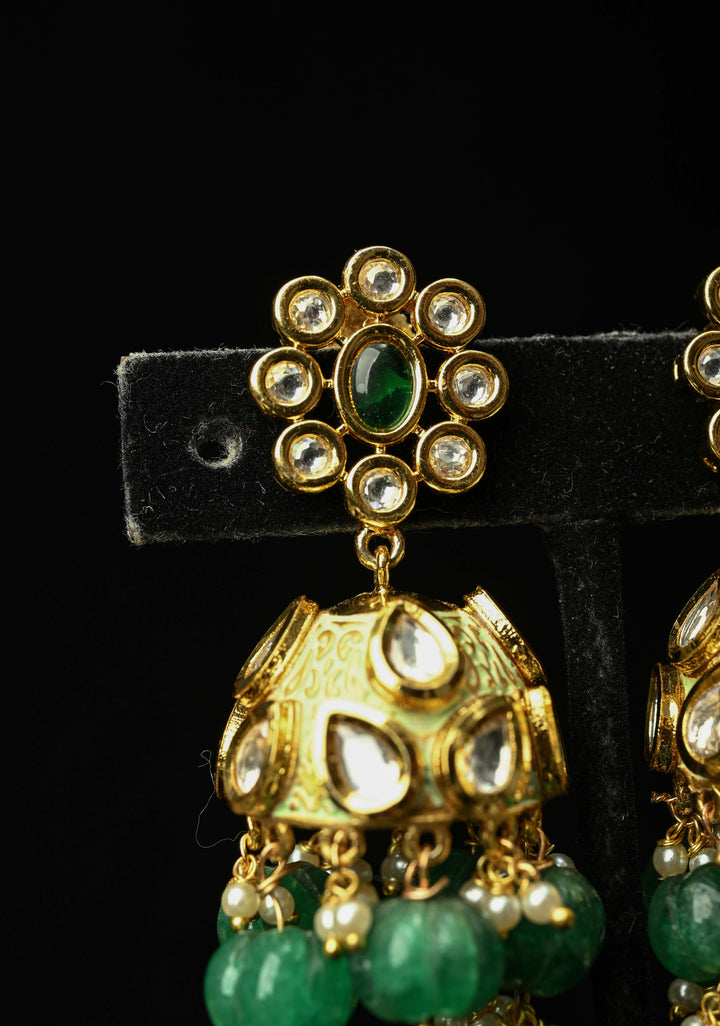 Kanika Green Kundan Meenakari Jhumki with pearls and Dangling Beads