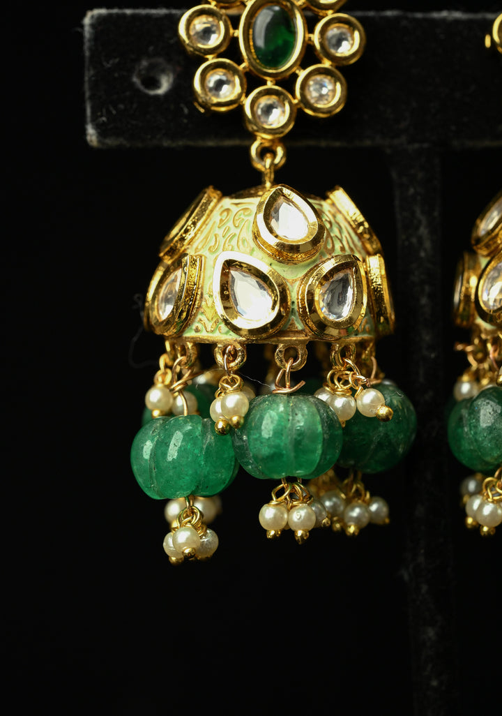 Kanika Green Kundan Meenakari Jhumki with pearls and Dangling Beads