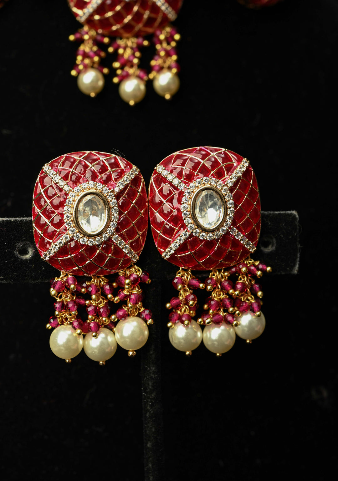 Maroon Kundan Style Choker Set with pearls and Dangling Beads