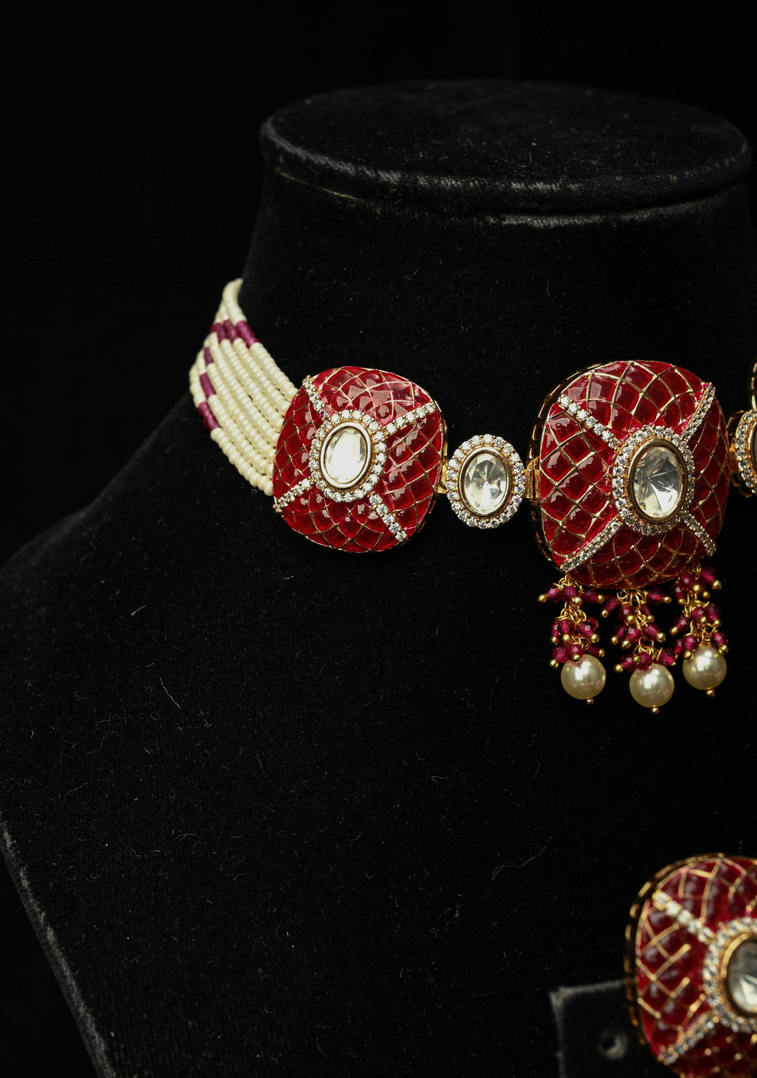 Maroon Kundan Style Choker Set with pearls and Dangling Beads