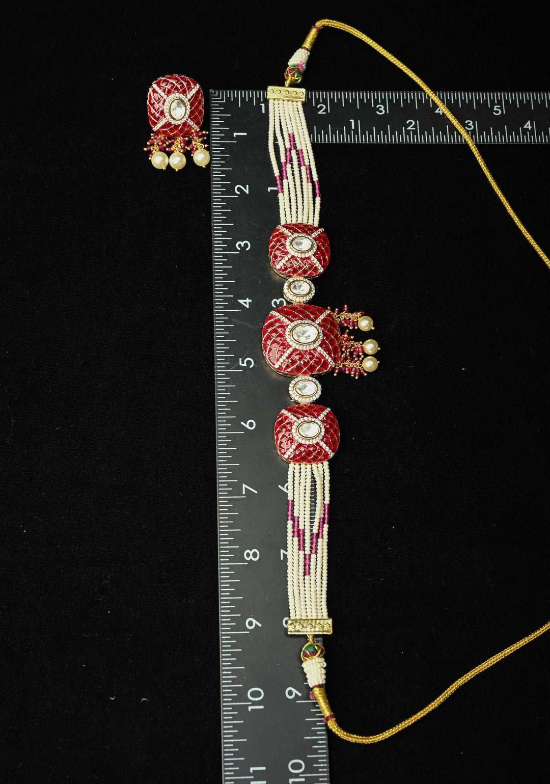 Maroon Kundan Style Choker Set with pearls and Dangling Beads