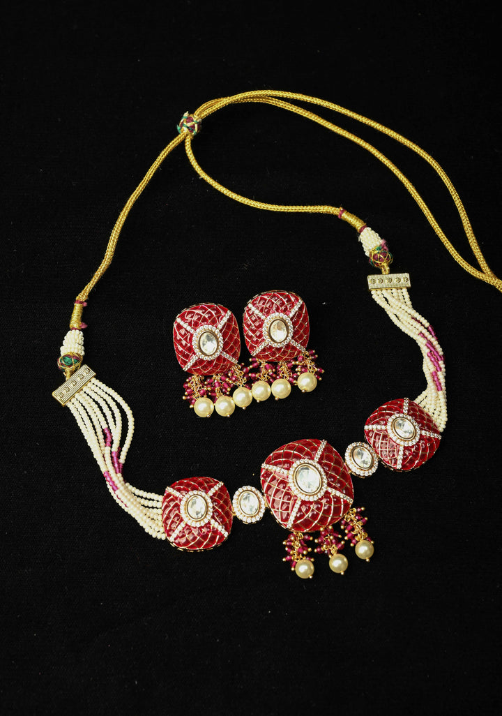 Maroon Kundan Style Choker Set with pearls and Dangling Beads
