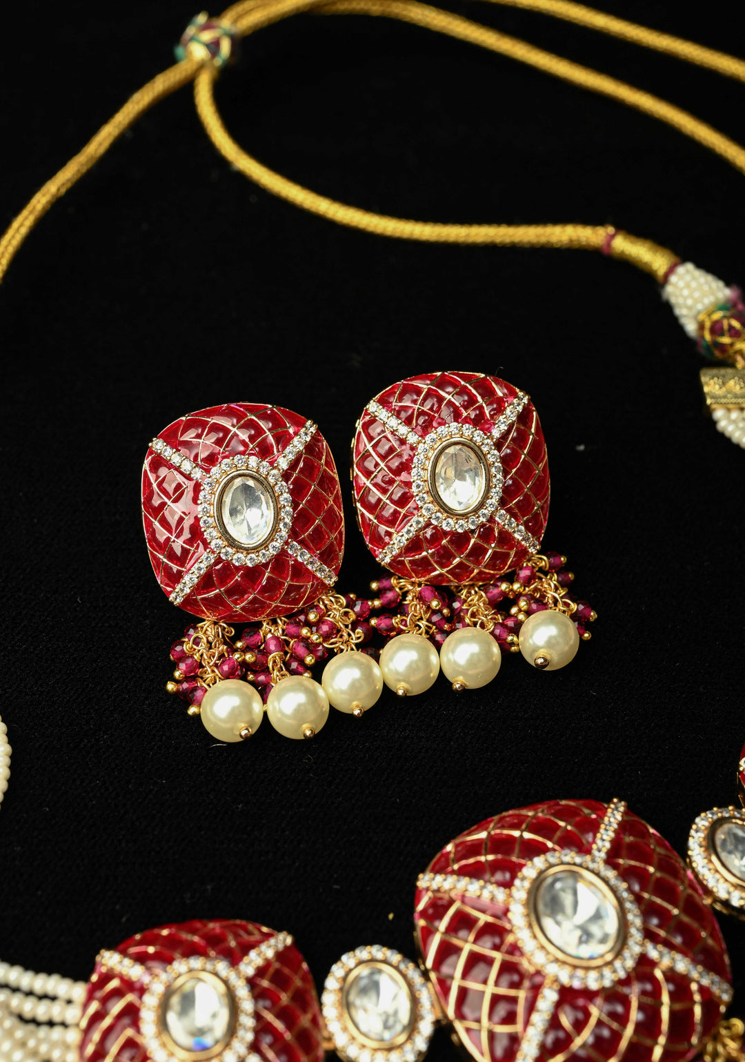 Maroon Kundan Style Choker Set with pearls and Dangling Beads