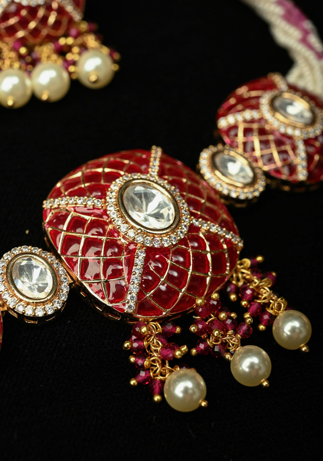 Maroon Kundan Style Choker Set with pearls and Dangling Beads