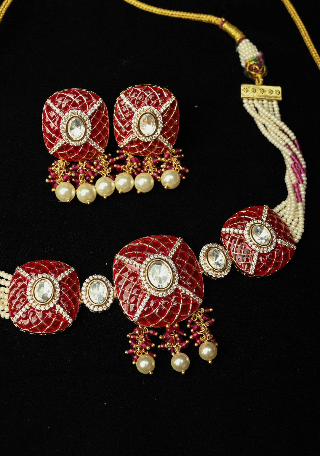 Maroon Kundan Style Choker Set with pearls and Dangling Beads