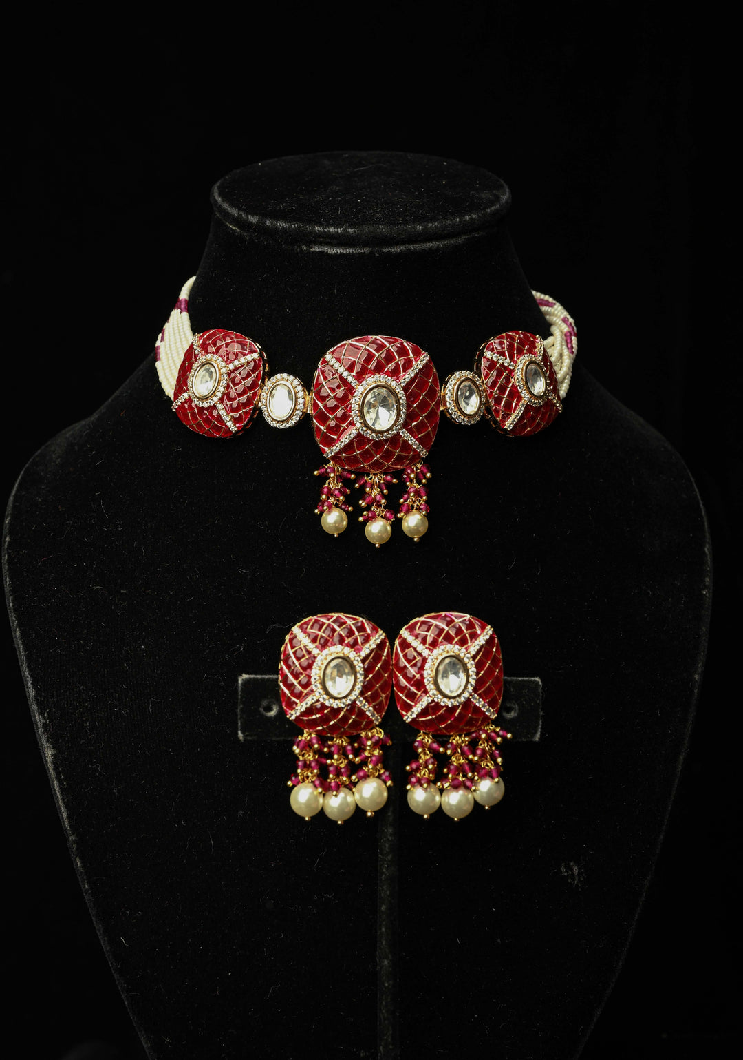 Maroon Kundan Style Choker Set with pearls and Dangling Beads
