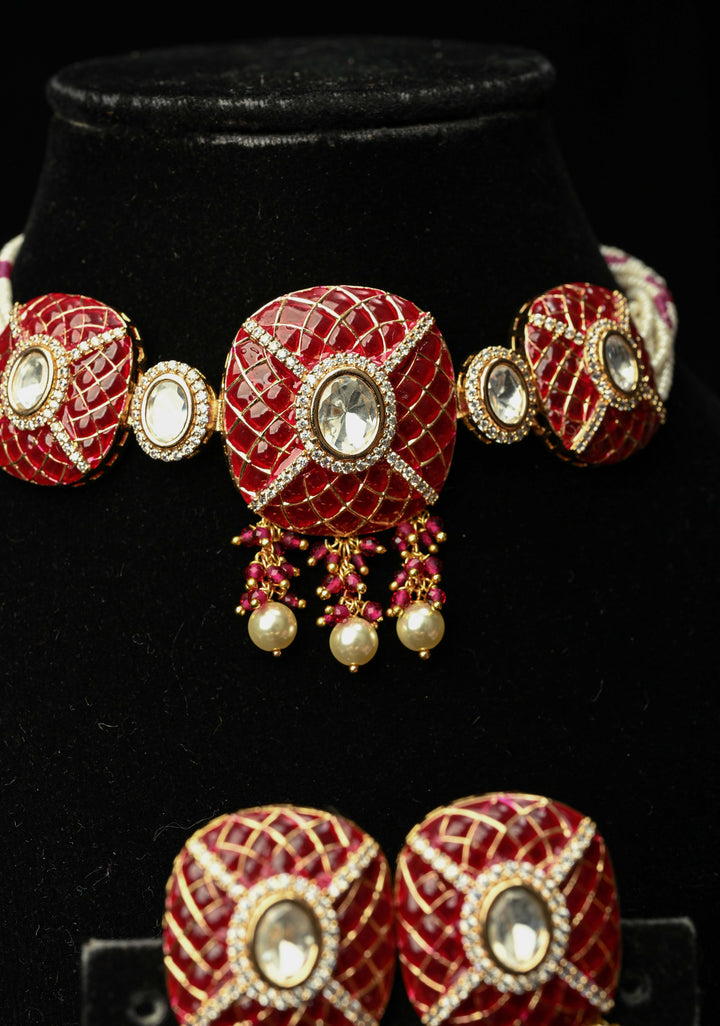 Maroon Kundan Style Choker Set with pearls and Dangling Beads