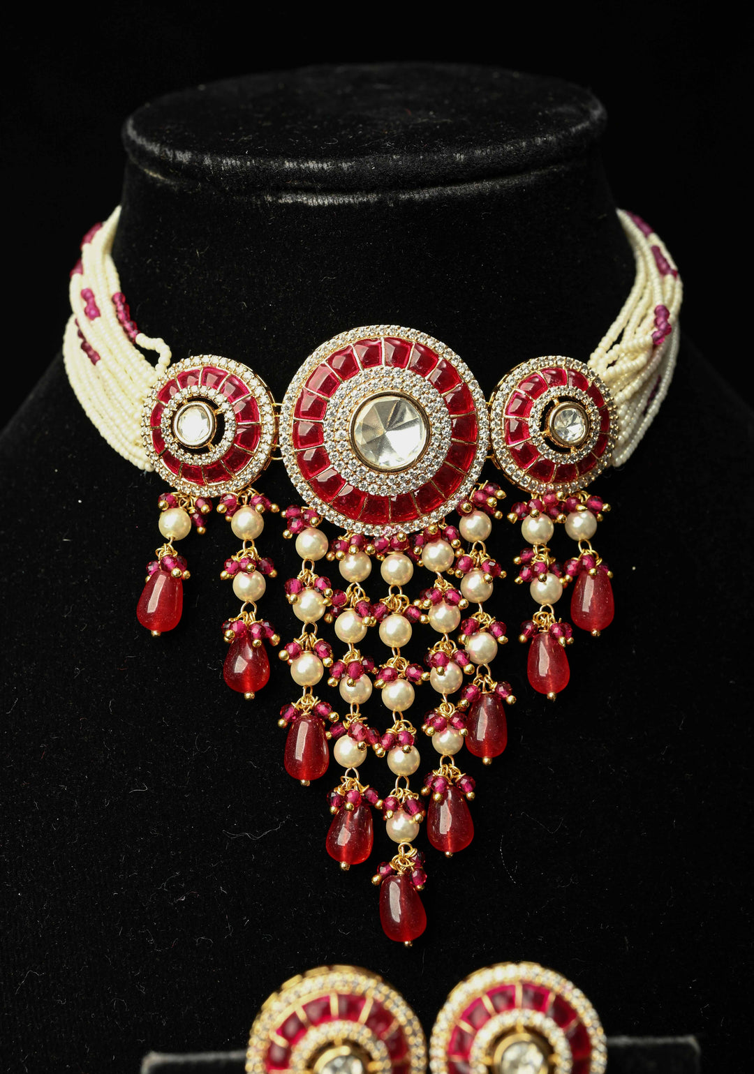 Red White Kundan Jadau Necklace and Earring Set