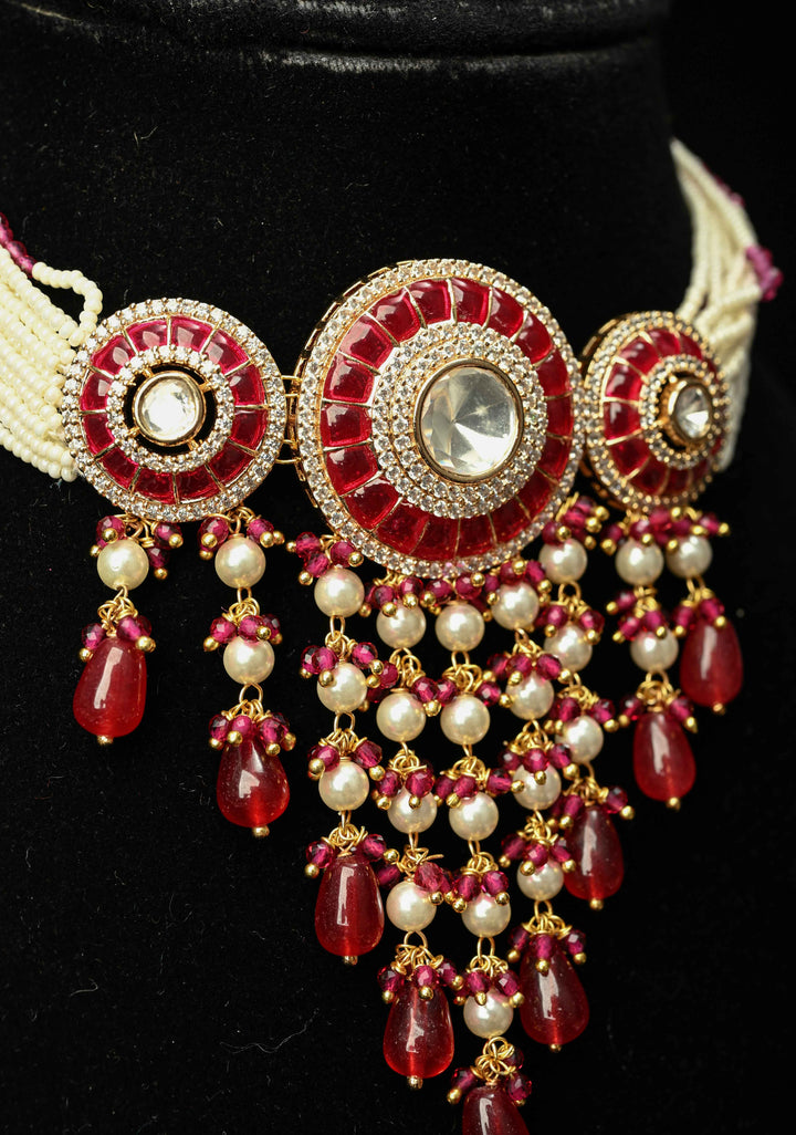 Red White Kundan Jadau Necklace and Earring Set