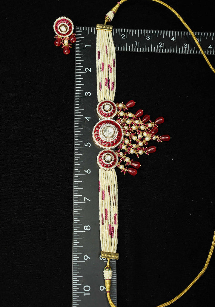 Red White Kundan Jadau Necklace and Earring Set
