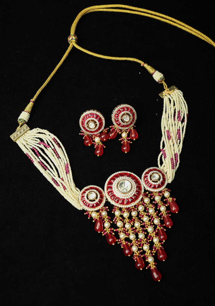 Red White Kundan Jadau Necklace and Earring Set