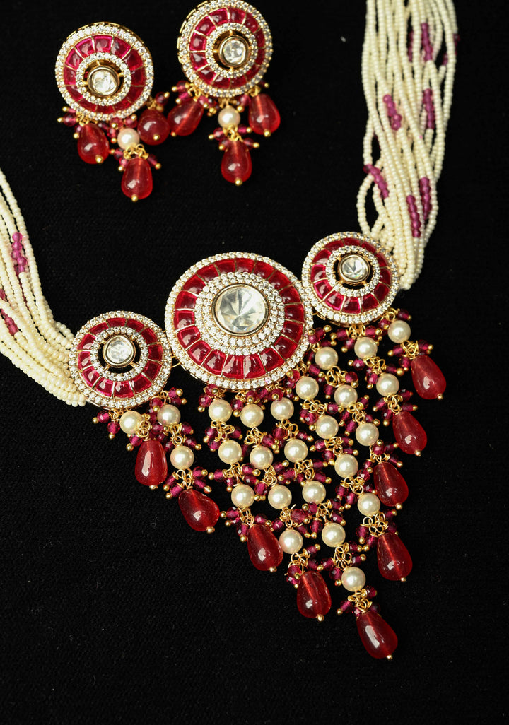 Red White Kundan Jadau Necklace and Earring Set