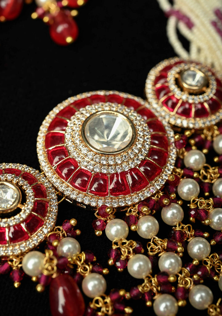 Red White Kundan Jadau Necklace and Earring Set