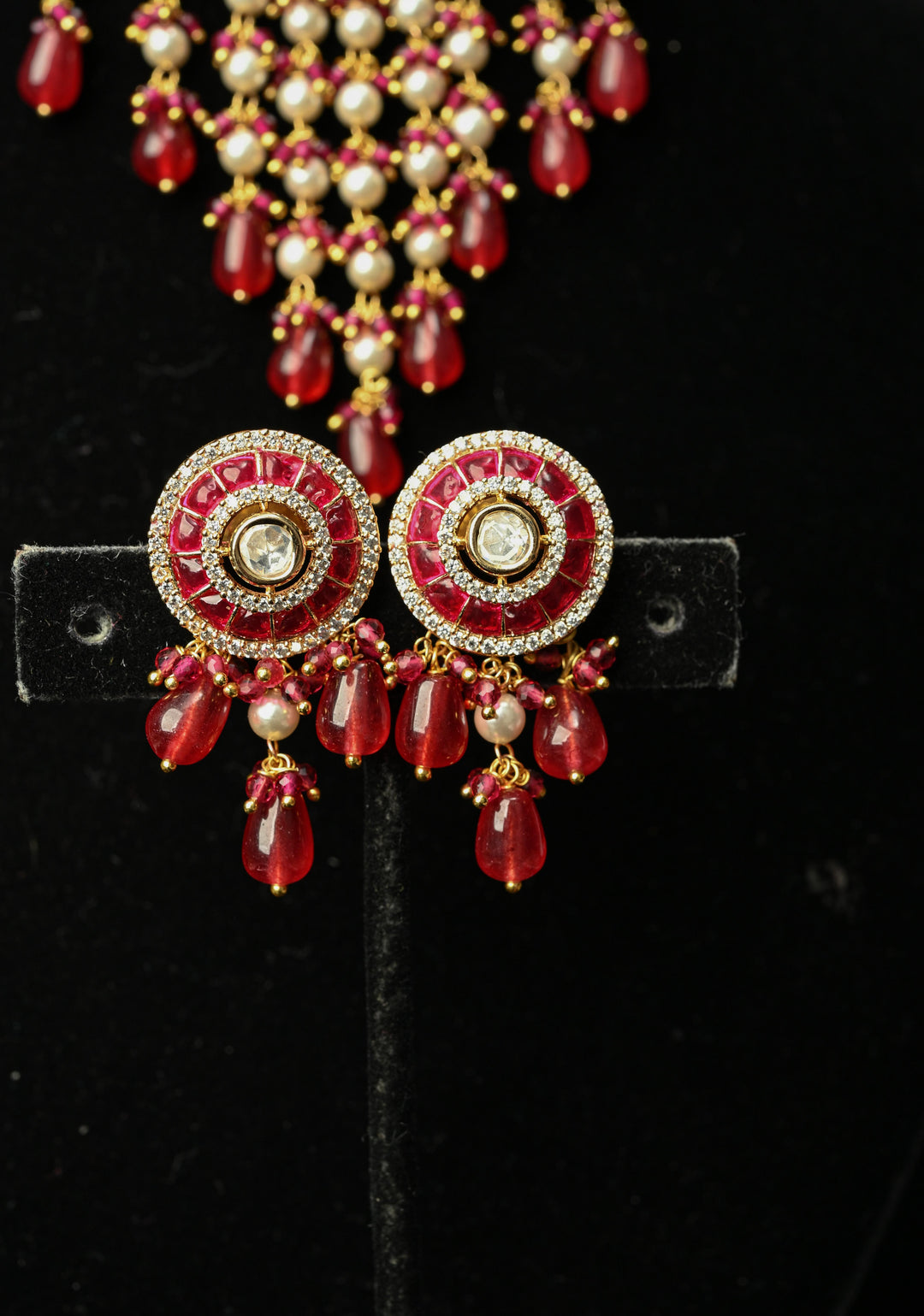 Red White Kundan Jadau Necklace and Earring Set