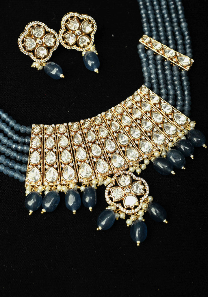 Kundan Grey Beaded Choker Set