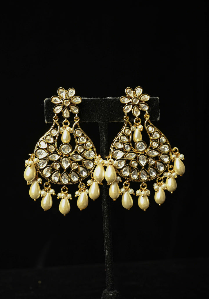 jaipuri Chandbali earrings with handset White Kundan