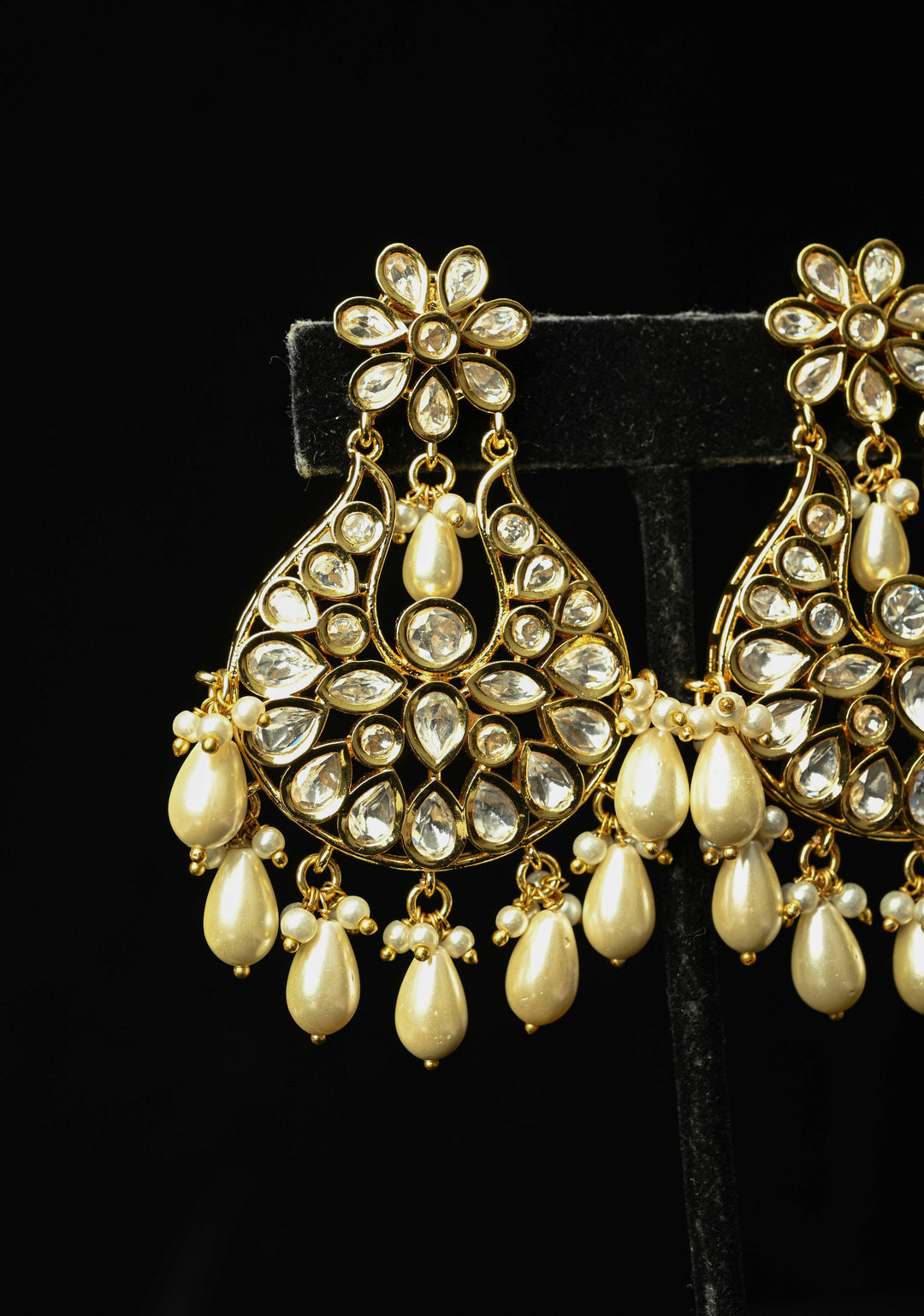 jaipuri Chandbali earrings with handset White Kundan