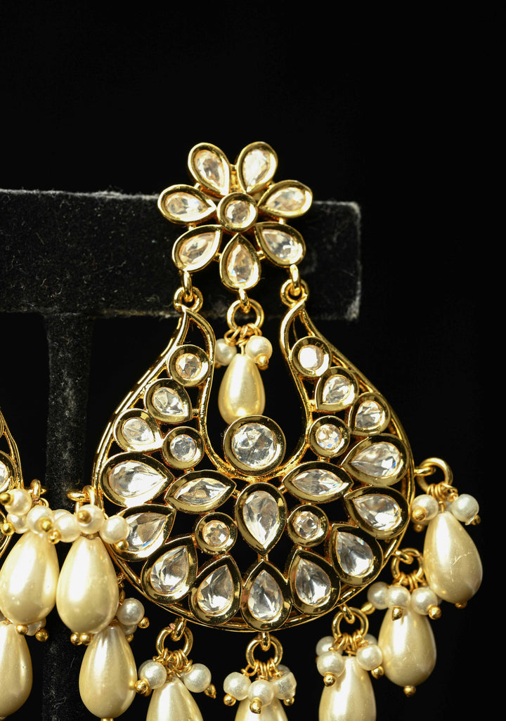 jaipuri Chandbali earrings with handset White Kundan