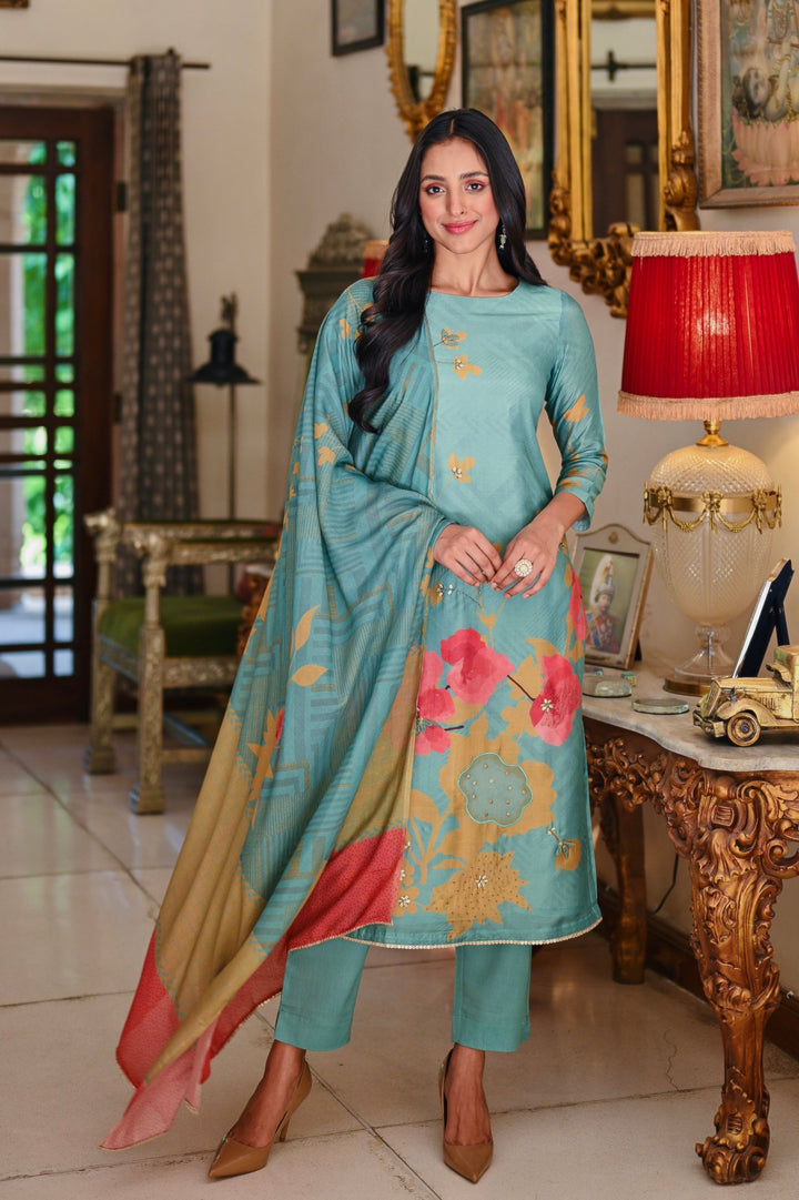 Green Bloom Pure Muslin Suit Set With Patch Work and Moti with Tube Bead Work- SET OF-3 | SHOBITAM