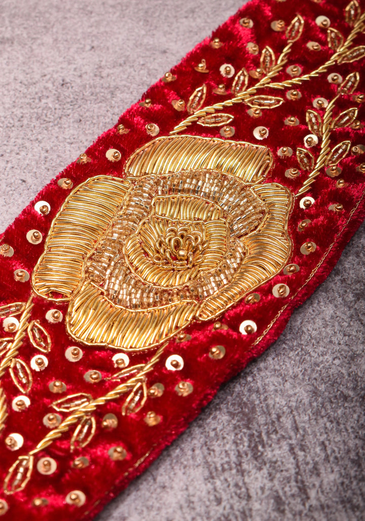 Red Pure velvet Waist Belt with Zardosi, Bead Rose design embroidery and Sequin work | Made to Order