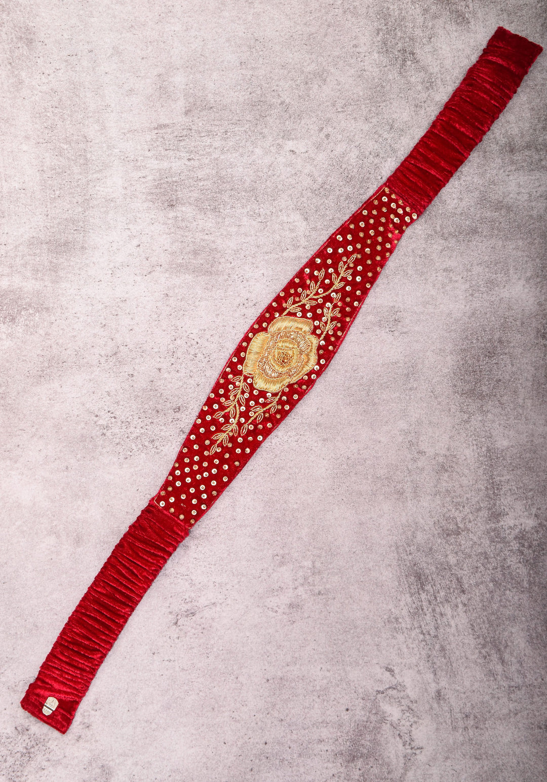 Red Pure velvet Waist Belt with Zardosi, Bead Rose design embroidery and Sequin work | Made to Order