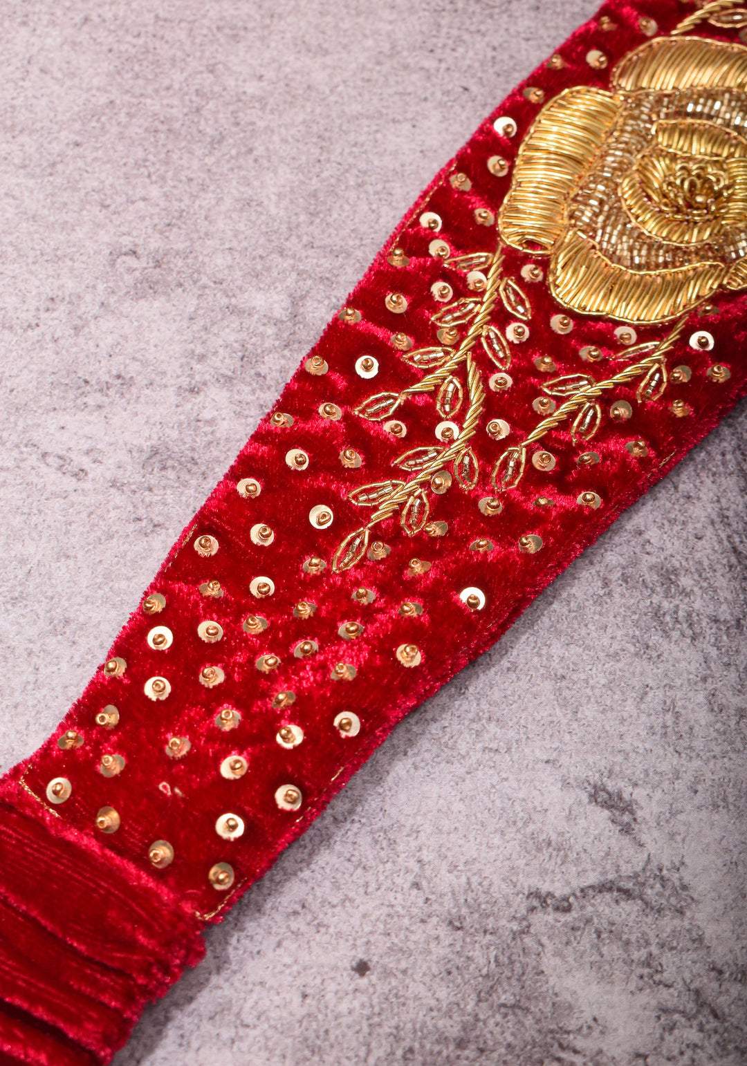 Red Pure velvet Waist Belt with Zardosi, Bead Rose design embroidery and Sequin work | Made to Order