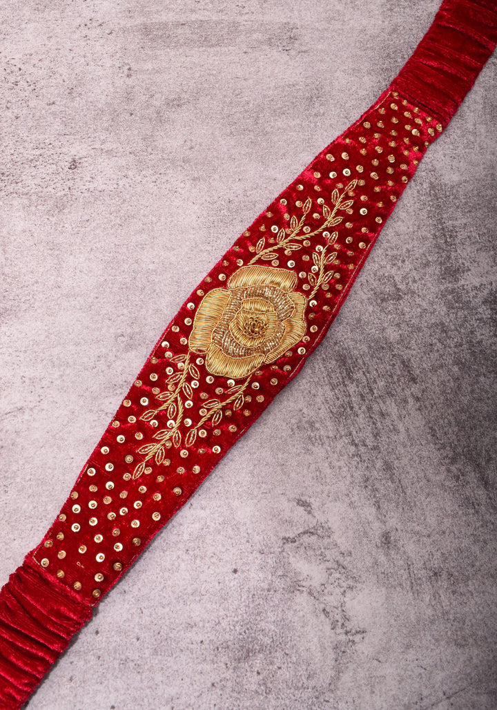 Red Pure velvet Waist Belt with Zardosi, Bead Rose design embroidery and Sequin work | Made to Order