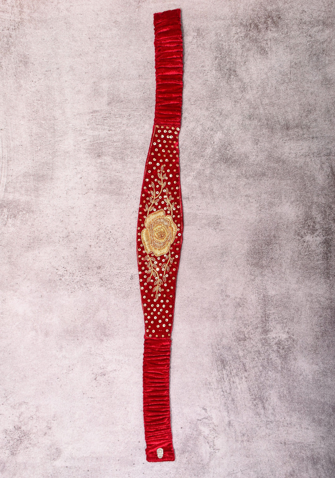 Red Pure velvet Waist Belt with Zardosi, Bead Rose design embroidery and Sequin work | Made to Order