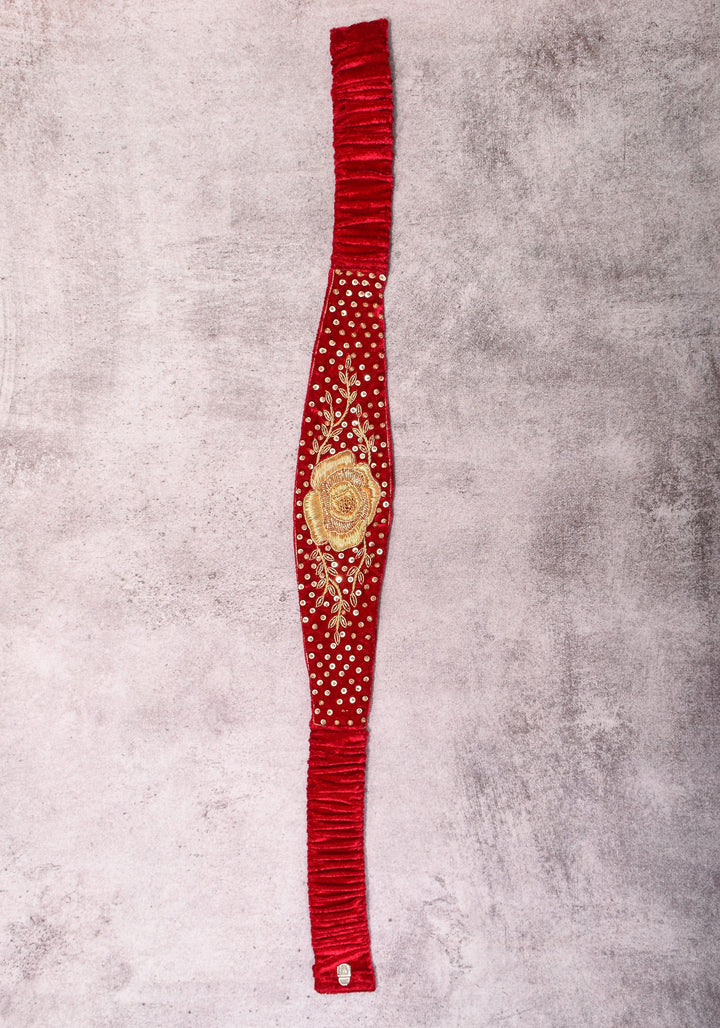 Red Pure velvet Waist Belt with Zardosi, Bead Rose design embroidery and Sequin work | Made to Order