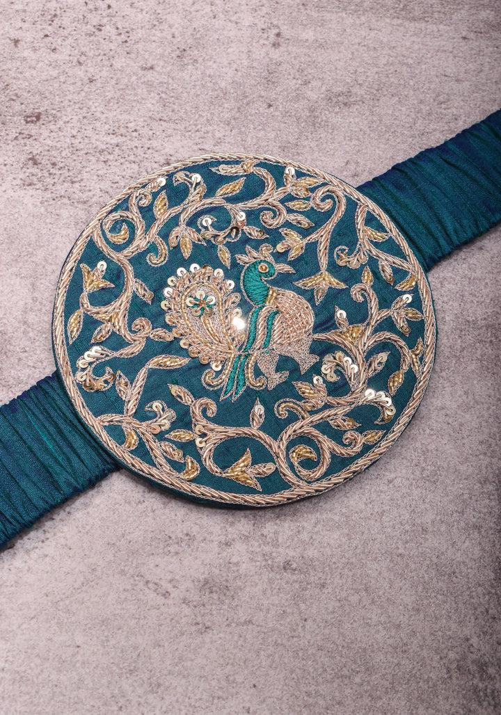 Exquisite 5" Hand Zardosi Peacock in Mandala Prominent Waist belt in Pure raw silk | Made to Order