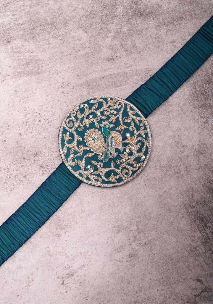 Exquisite 5" Hand Zardosi Peacock in Mandala Prominent Waist belt in Pure raw silk | Made to Order