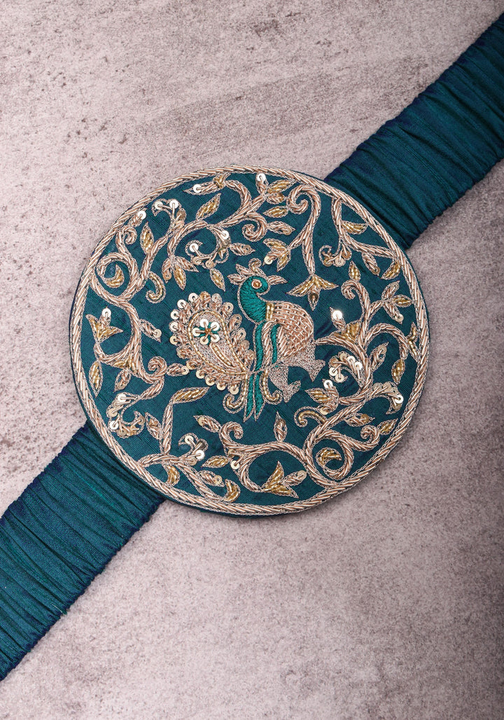 Exquisite 5" Hand Zardosi Peacock in Mandala Prominent Waist belt in Pure raw silk | Made to Order