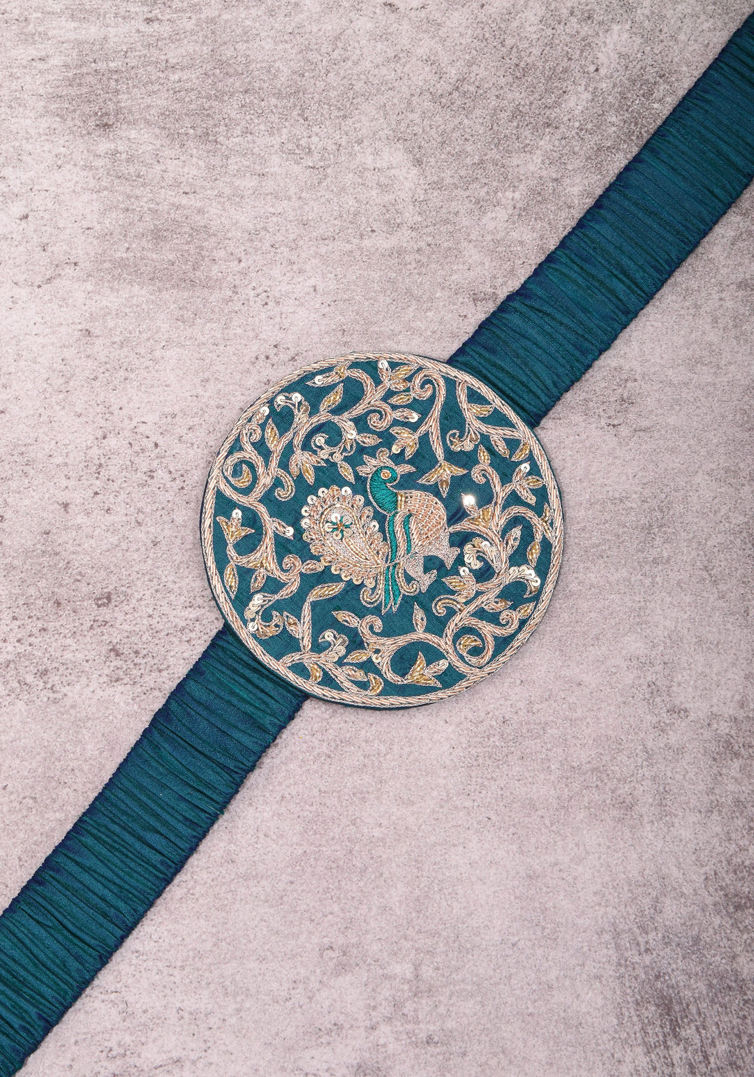 Exquisite 5" Hand Zardosi Peacock in Mandala Prominent Waist belt in Pure raw silk | Made to Order