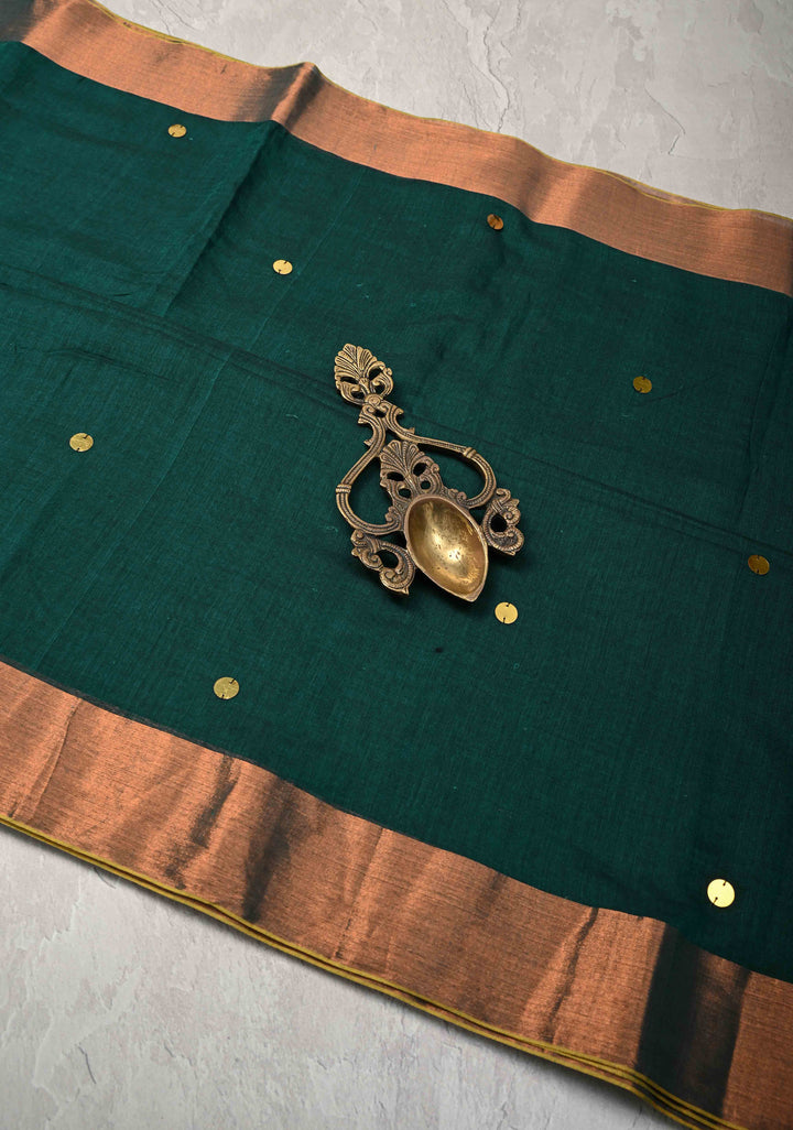 Bottle Green Bengal Cotton saree in With Tikki work and Long Tassels