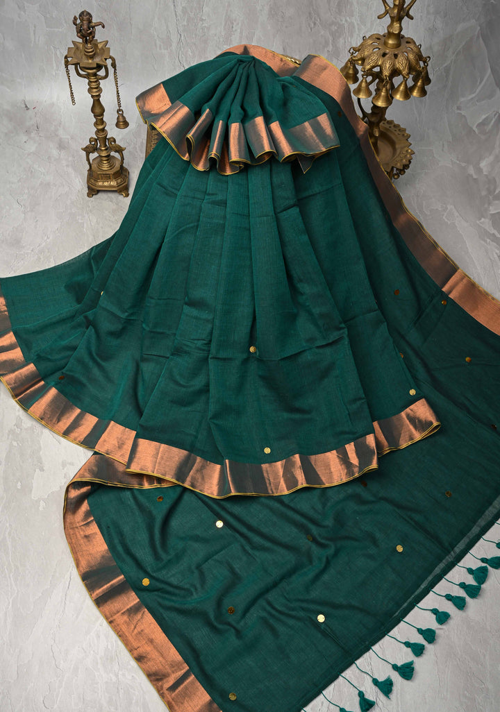 Bottle Green Bengal Cotton saree in With Tikki work and Long Tassels