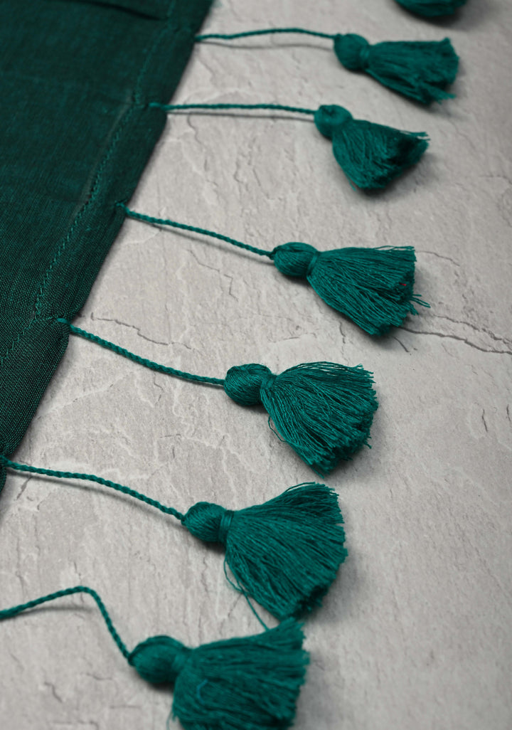 Bottle Green Bengal Cotton saree in With Tikki work and Long Tassels