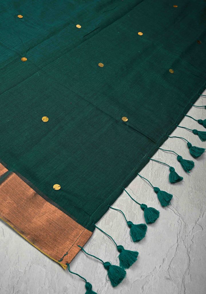 Bottle Green Bengal Cotton saree in With Tikki work and Long Tassels