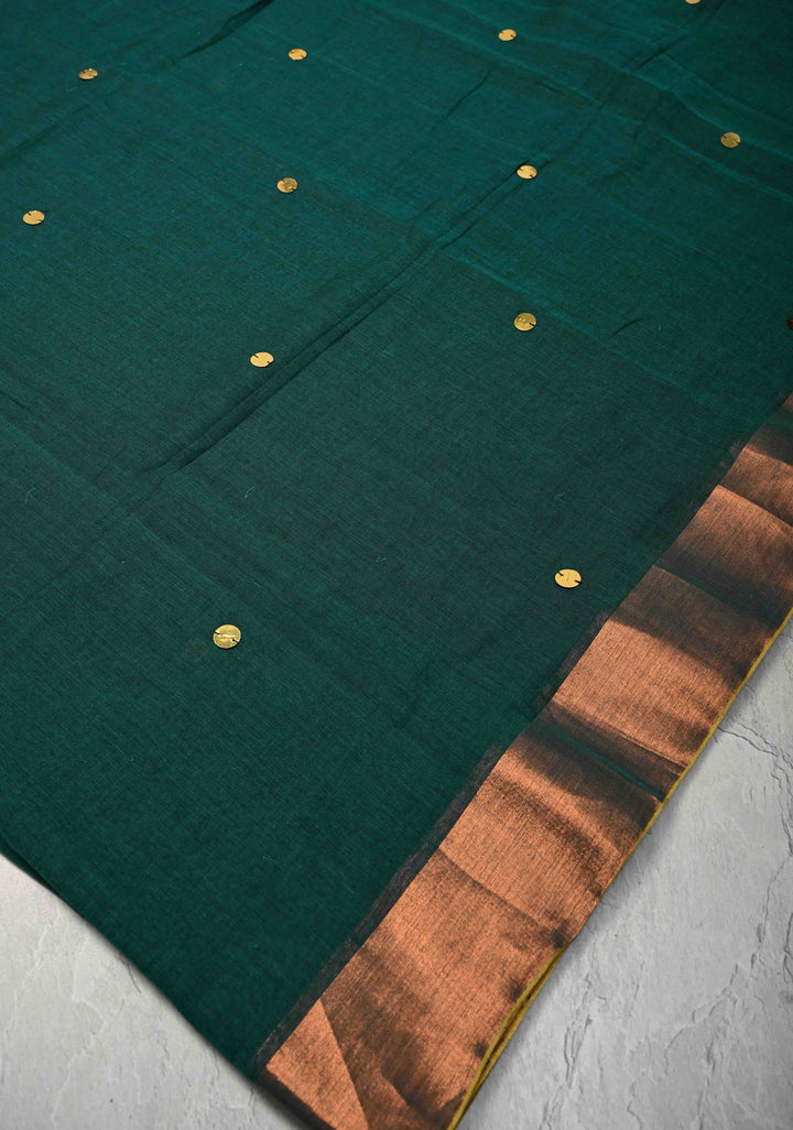 Bottle Green Bengal Cotton saree in With Tikki work and Long Tassels