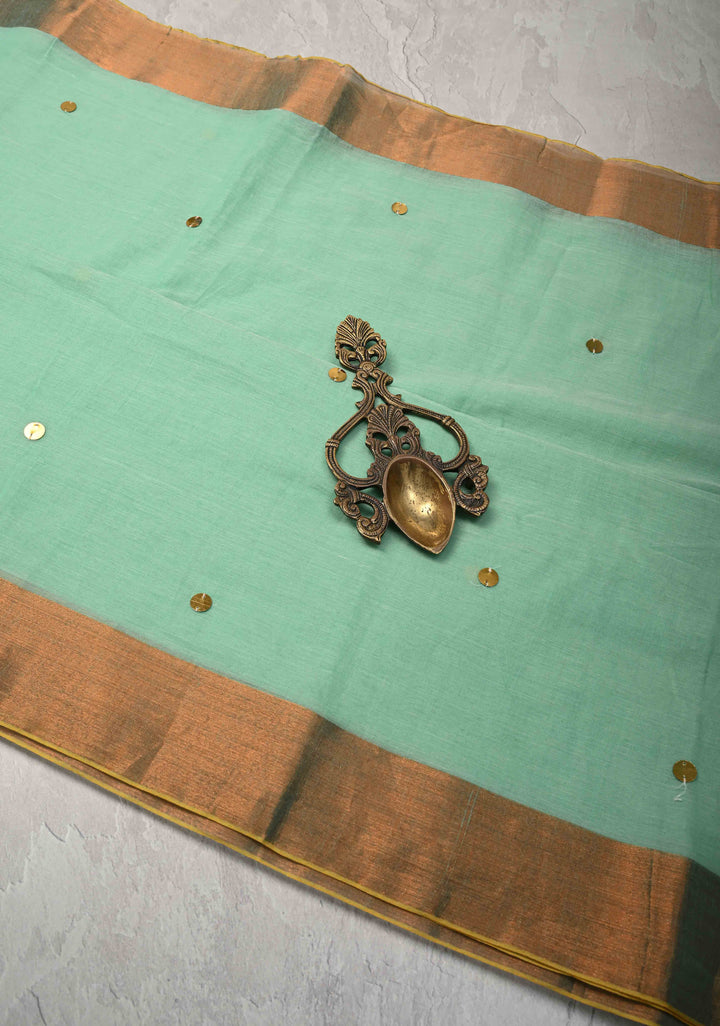 Seafoam Green Bengal Cotton saree in With Tikki work and Long Tassels